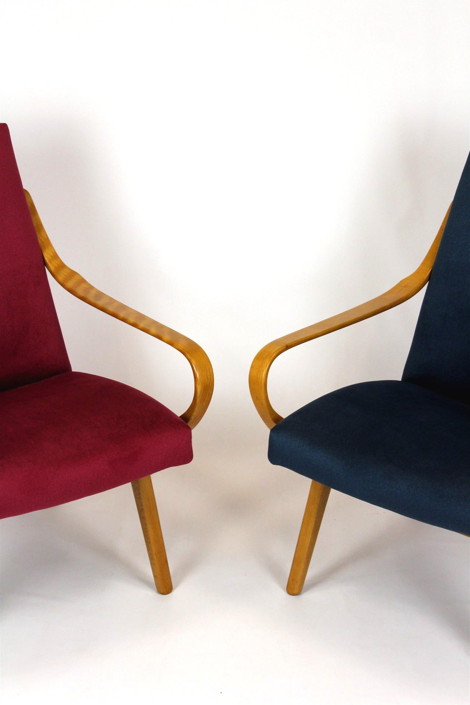 Mid-Century Modern Restored Mid-Century Pink & Blue Armchairs by J. Smidek for TON, 1960s, Set of 2 For Sale