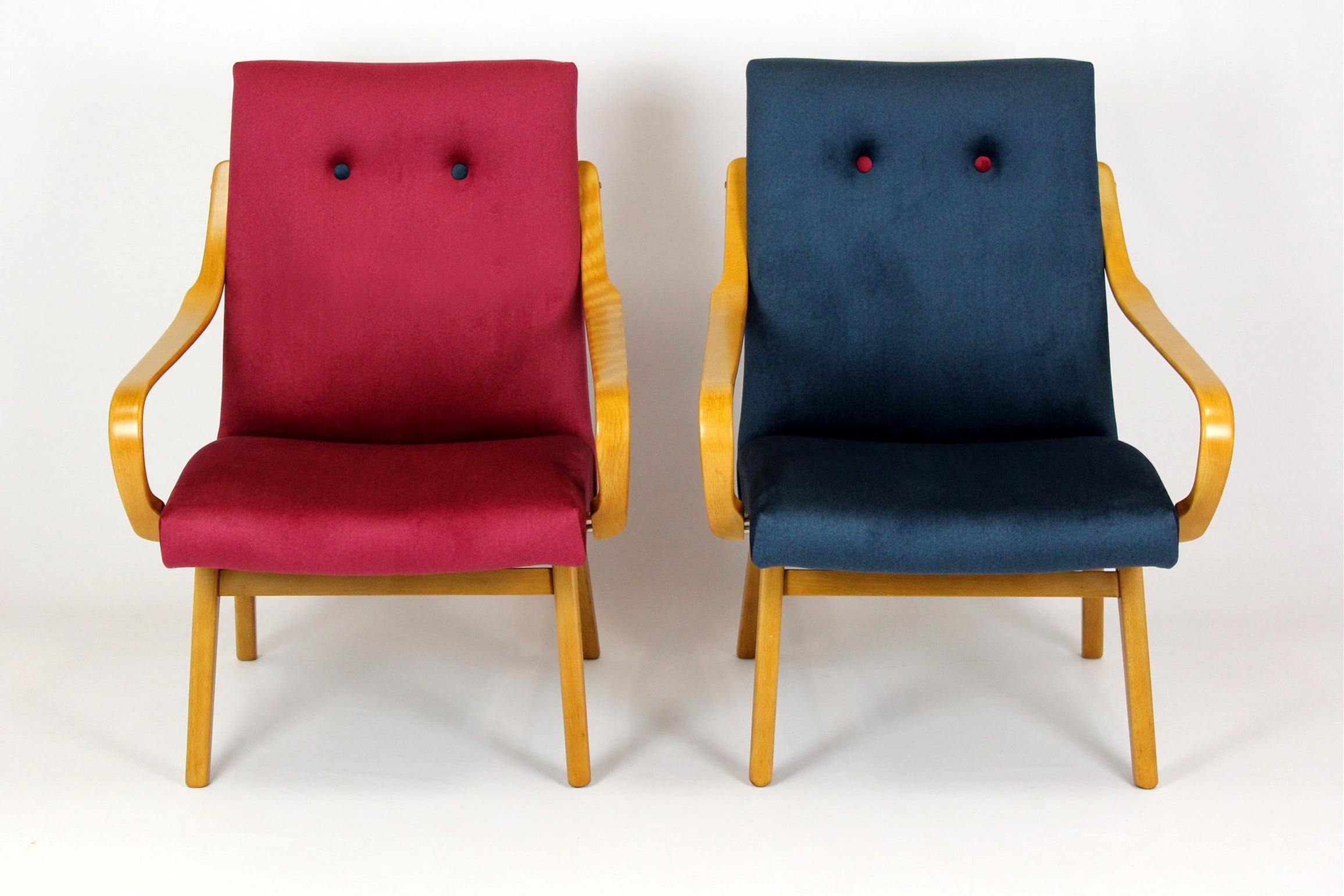 Fabric Restored Mid-Century Pink & Blue Armchairs by J. Smidek for TON, 1960s, Set of 2 For Sale