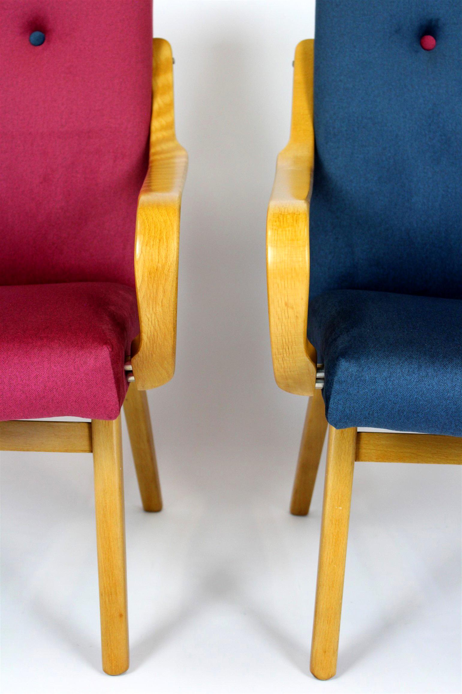Restored Mid-Century Pink & Blue Armchairs by J. Smidek for TON, 1960s, Set of 2 For Sale 1