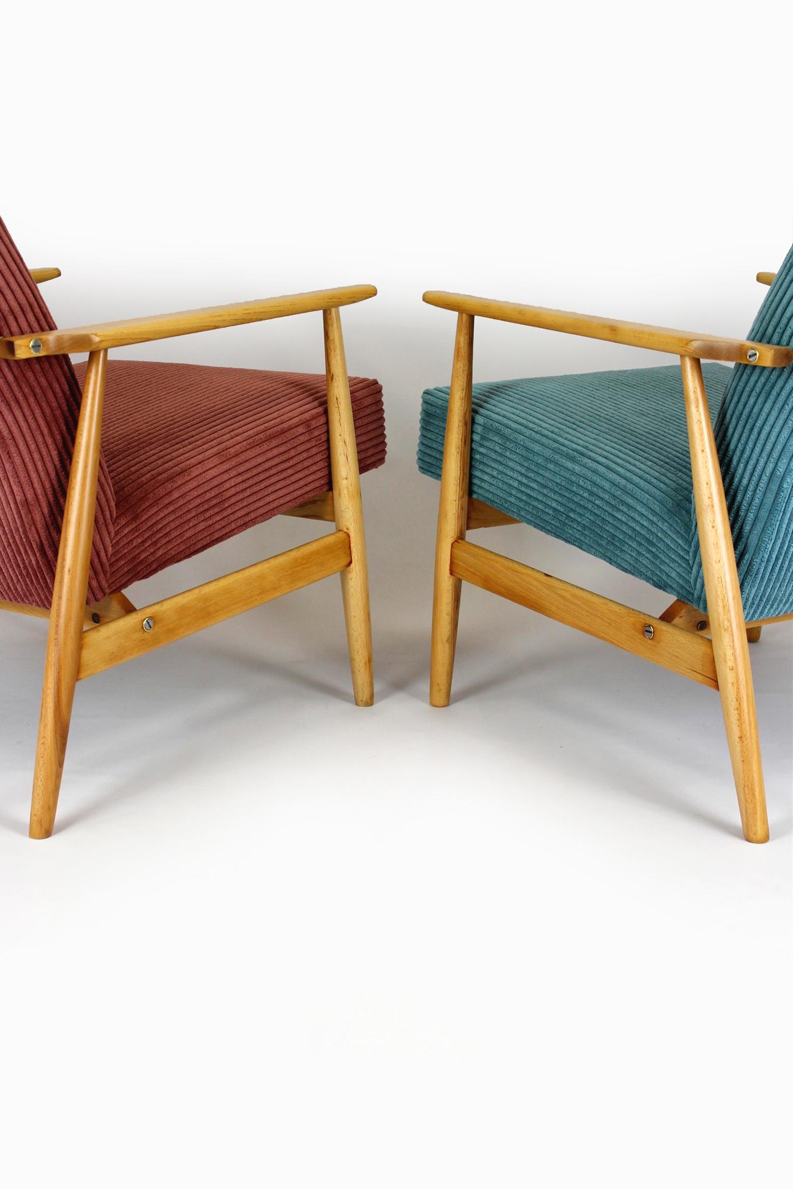 Restored Midcentury Pink & Turquoise Beech Armchairs, 1960s, Set of 2 For Sale 6