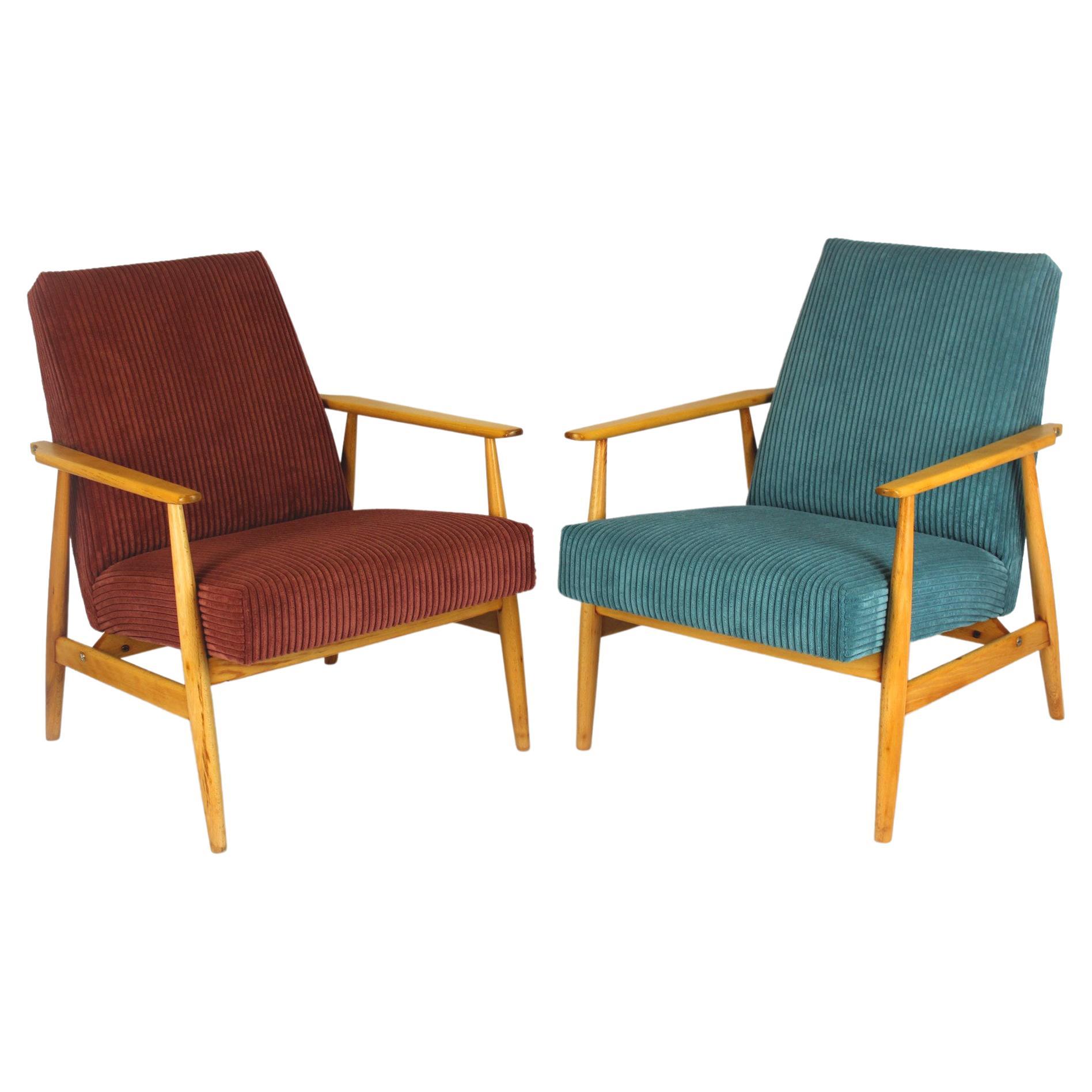 Restored Midcentury Pink & Turquoise Beech Armchairs, 1960s, Set of 2 For Sale