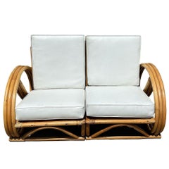 Restauriertes 3-reihiges Rattan-Sofa mit 3/4-Brezeln aus der Mitte des Jahrhunderts