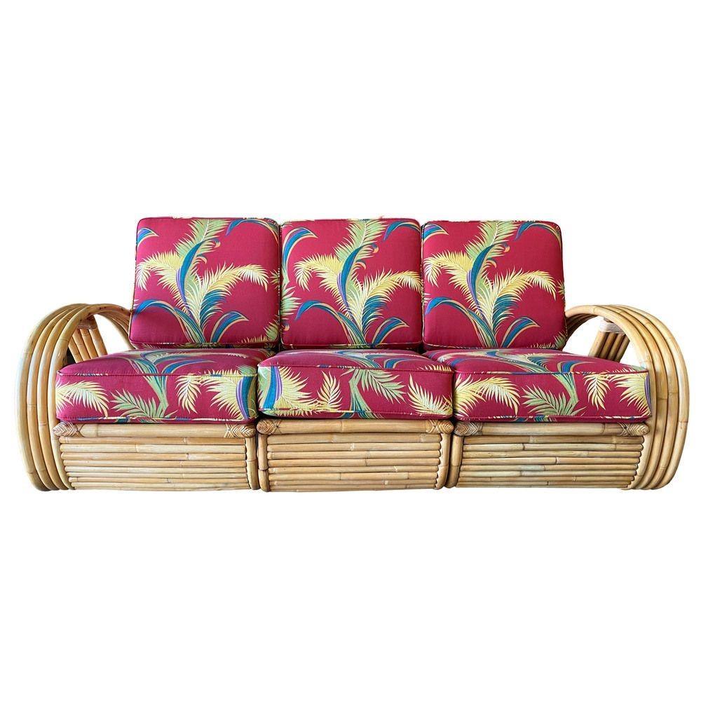 Restauriertes 4-strängiges Rattan-Wohnzimmer-Set mit 3/4-Brezel-Sofa und Stuhl aus der Mitte des Jahrhunderts (Moderne der Mitte des Jahrhunderts) im Angebot