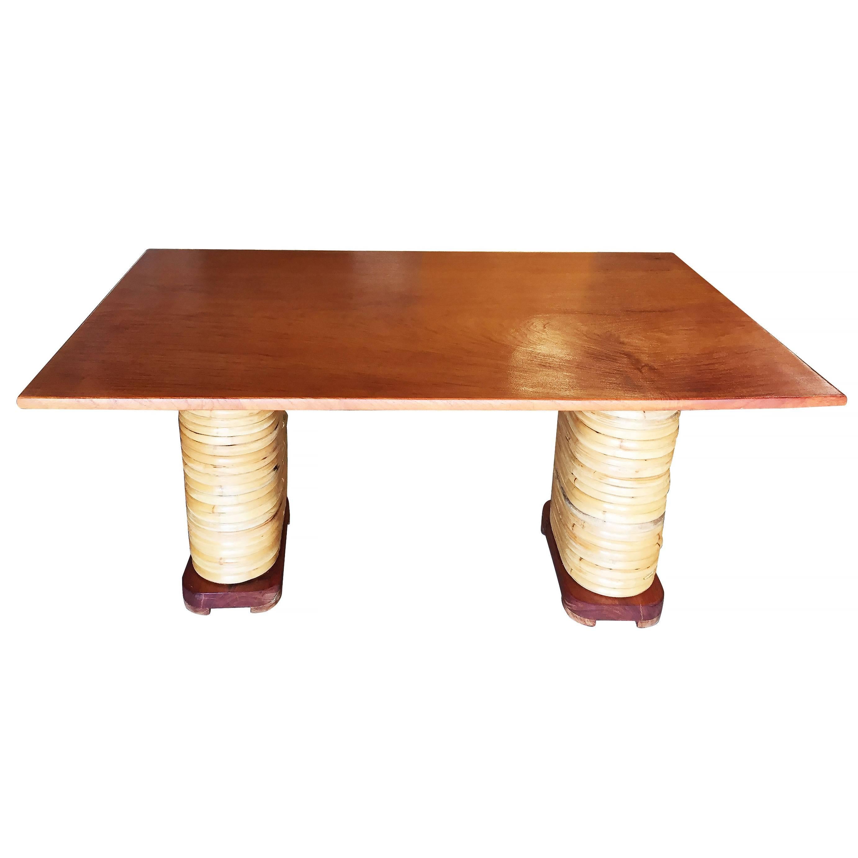 American Restored Midcentury Rattan and Double Mahogany Dining Table with Stacked Base