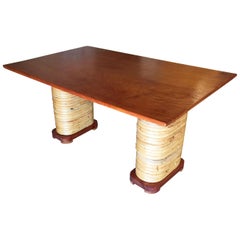 Restored Midcentury Rattan and Double Mahogany Dining Table with Stacked Base