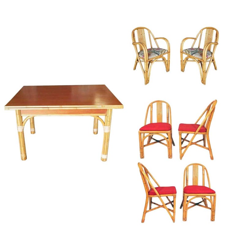 Restored MidCentury Rattan and Mahogany Dining Set For Sale at 1stDibs