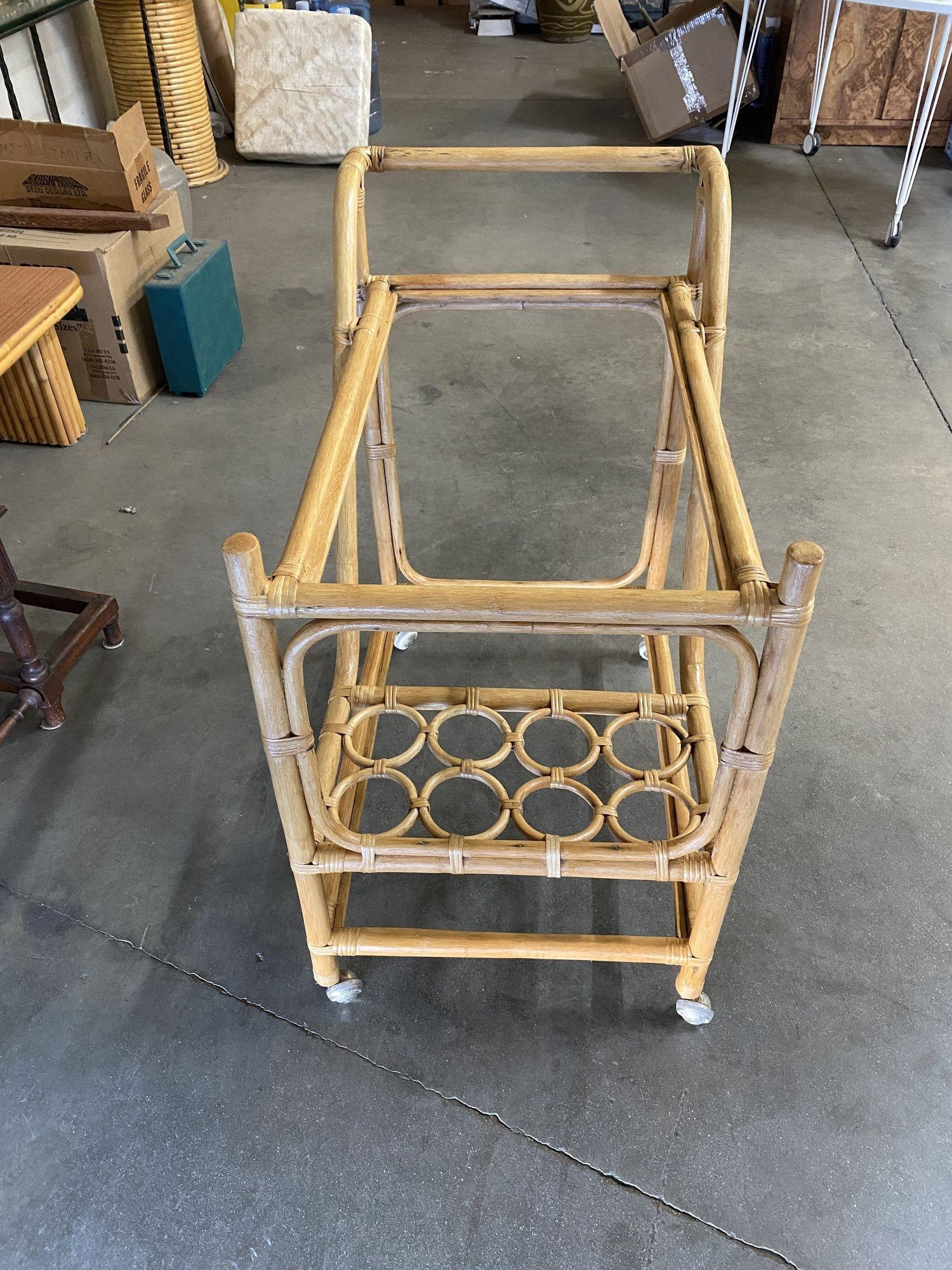 Restored Mid Century Rattan Bar Cart w/ Bottle Holder by Angraves, circa 1970 In Excellent Condition For Sale In Van Nuys, CA