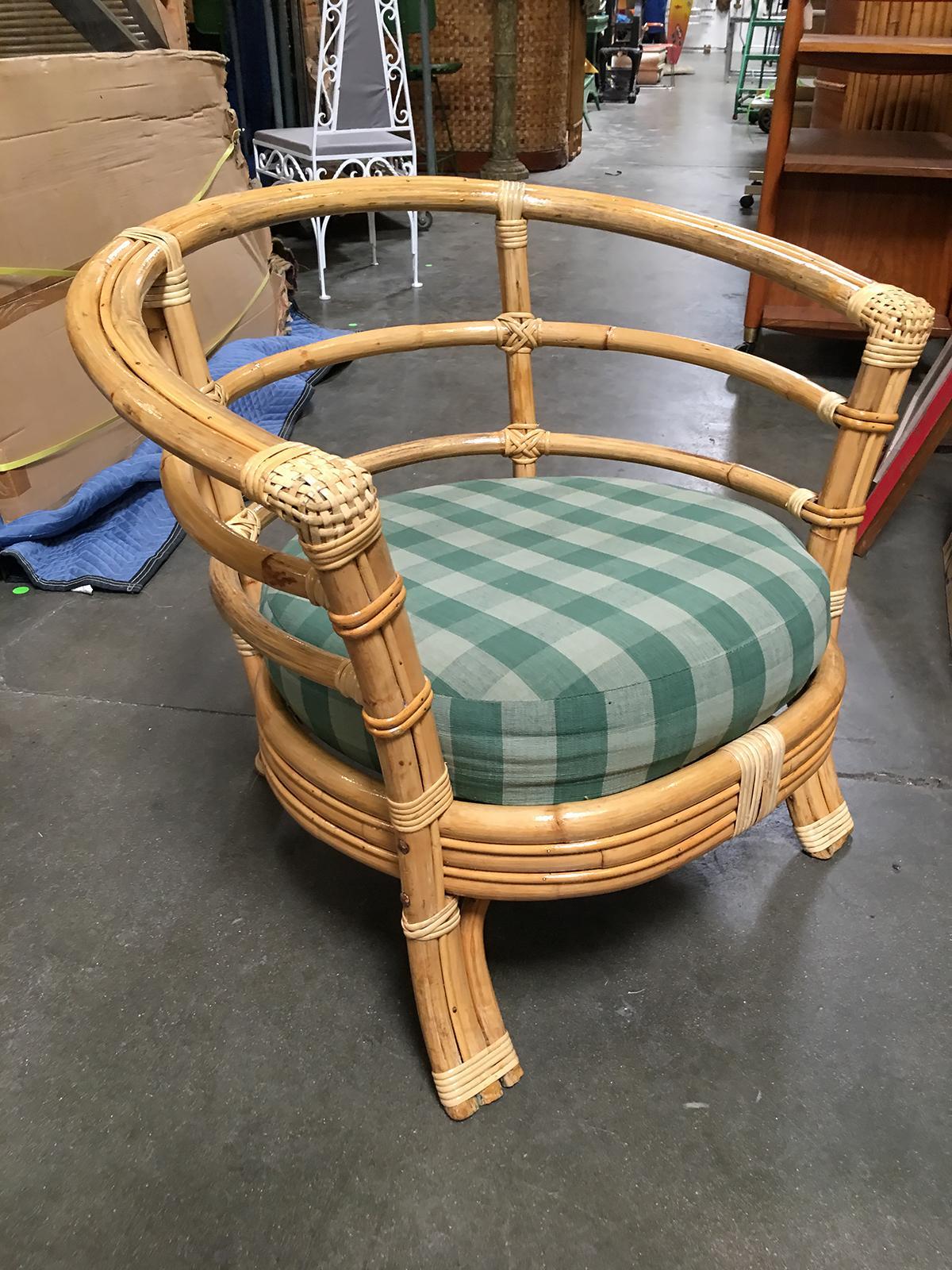 Set of 5 Two strand rattan barrel back armchair with skeleton arms and flannel seat. Back Cushion included but not pictured.

Restored to new for you. 

All rattan, bamboo and wicker furniture has been painstakingly refurbished to the highest