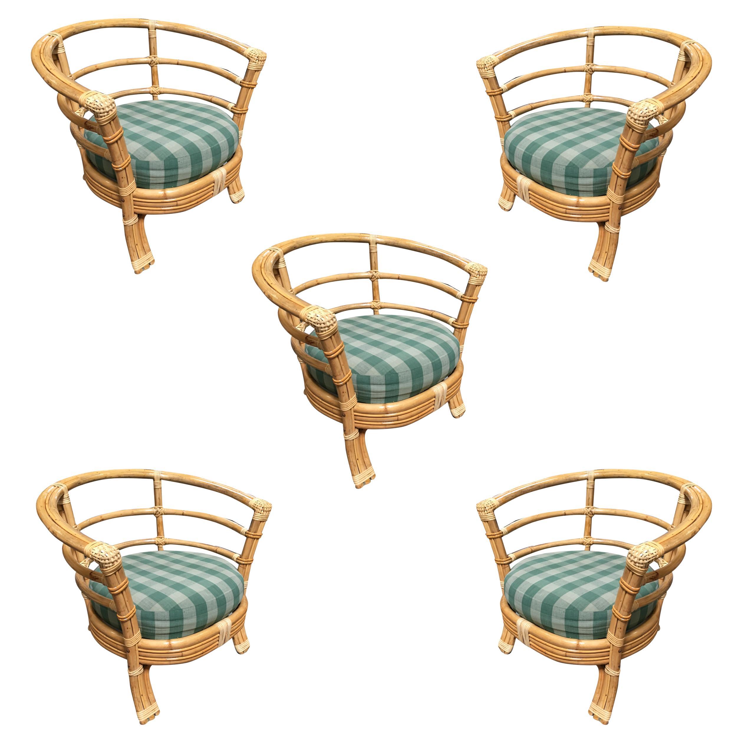 Restored Mid-Century Rattan Barrel Shaped Armchair with Skeleton Arms, Set of 5