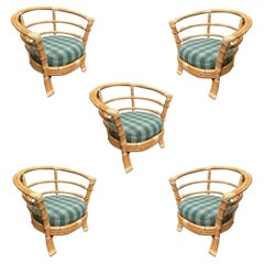 Restored Mid-Century Rattan Barrel Shaped Armchair with Skeleton Arms, Set of 5