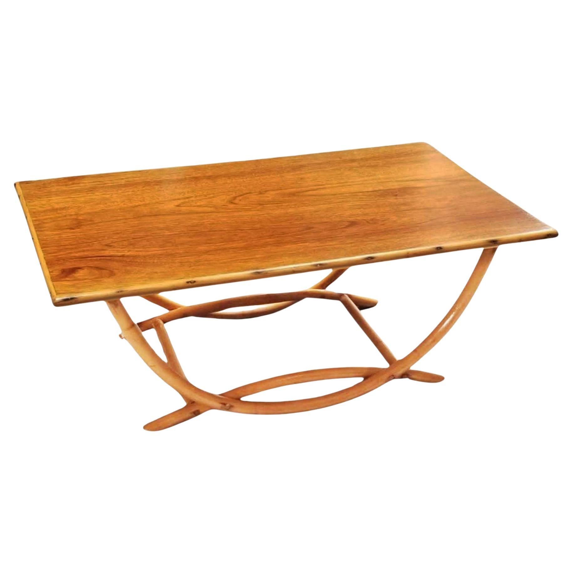 Restored Mid-century Rattan Coffee Table w/ Arched Legs & Mahogany Top