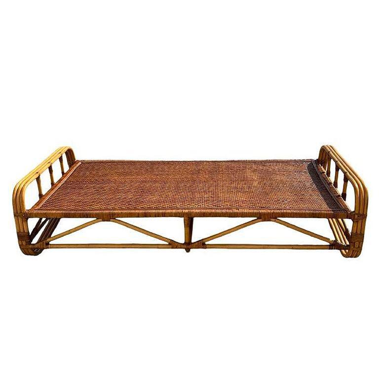 Restored Mid-Century Rattan Day Bed Frame w/ Woven Top In Excellent Condition In Van Nuys, CA