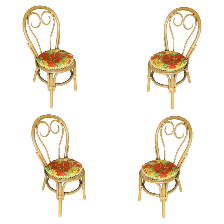 Restored Midcentury Rattan Dining Chairs with Scrolling Back, Set of 4