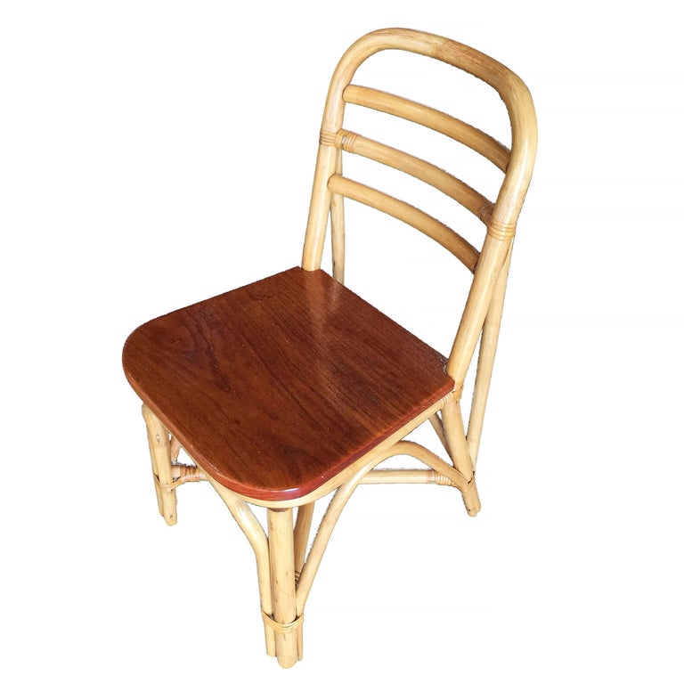 American Restored Midcentury Rattan Dining Side Chair with Mahogany Seat, Set of Six For Sale