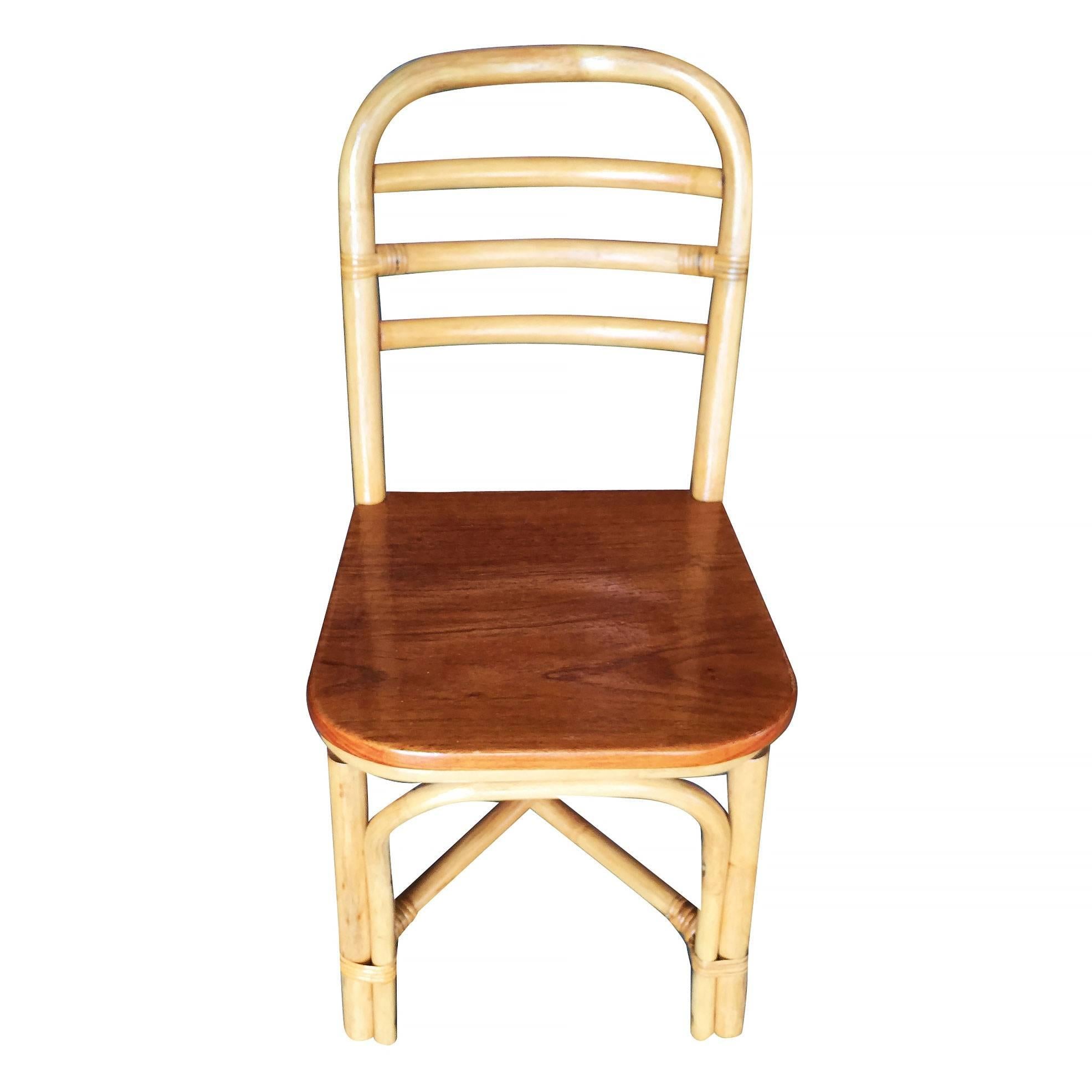 Mid-20th Century Restored Midcentury Rattan Dining Side Chair with Mahogany Seat, Set of Six