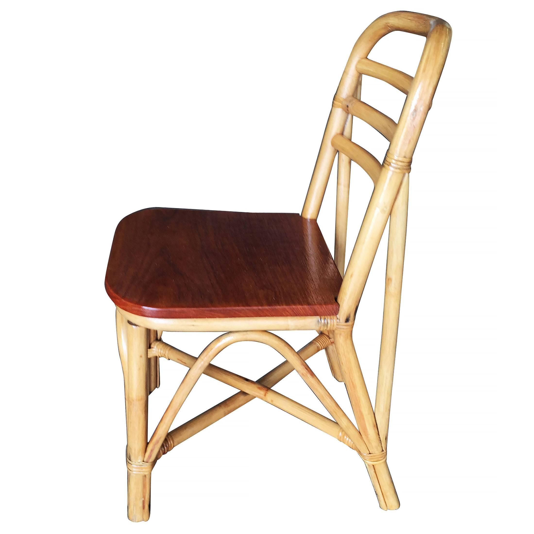 Restored Midcentury Rattan Dining Side Chair with Mahogany Seat, Set of Six 1
