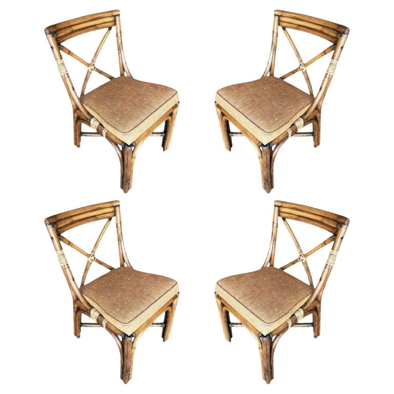 Restored Midcentury Rattan Dining Side Chairs with "x" Back, Set of 4