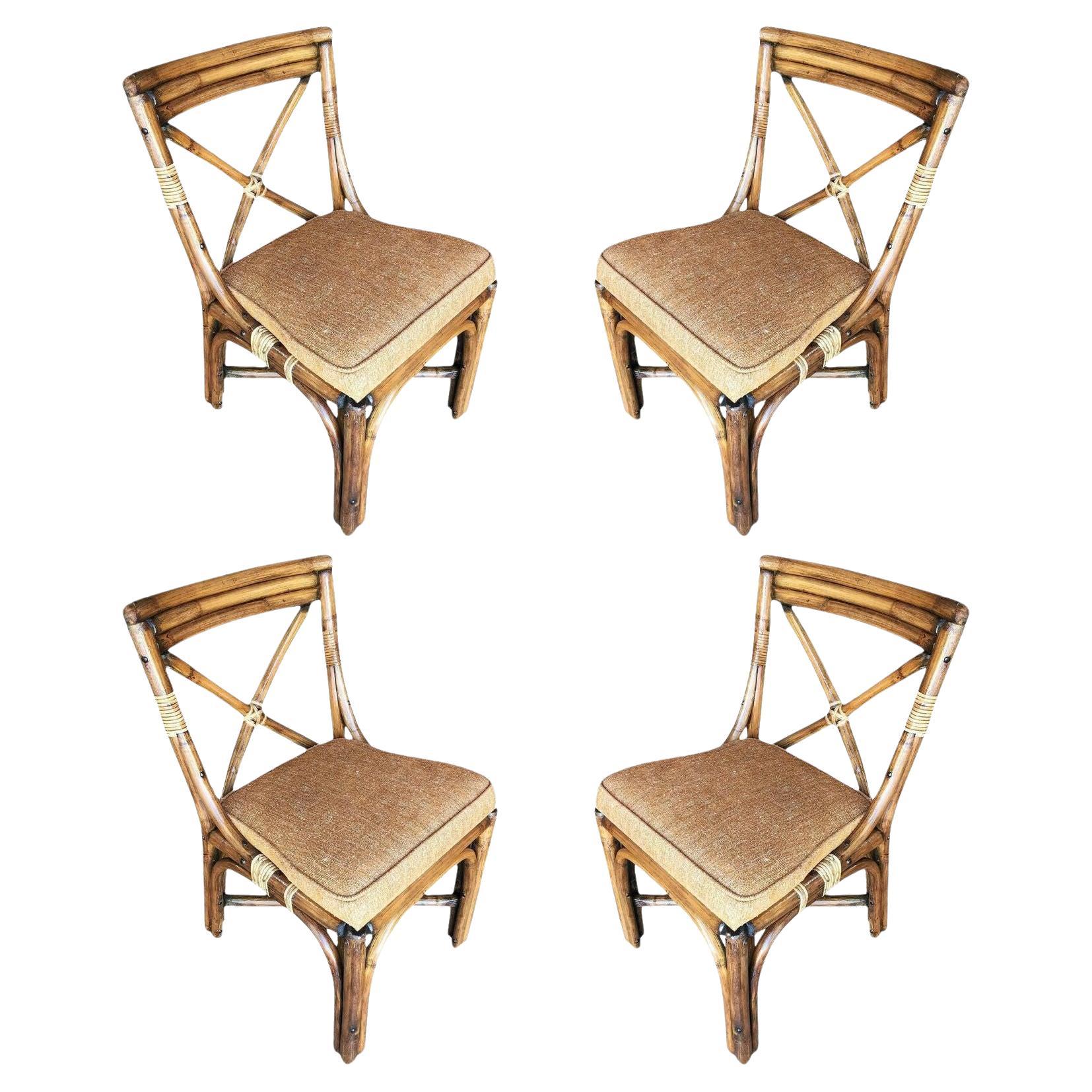 Restored Mid-Century Rattan Dining Side Chairs W/ "X" Back, Set of 4