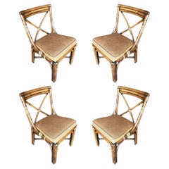 Restored Mid-Century Rattan Dining Side Chairs W/ "X" Back, Set of 4