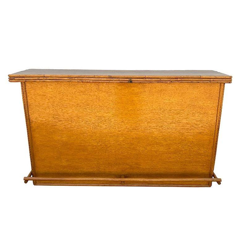 American Restored Mid-century Rattan & Mahogany Bar w/ Foot Rest For Sale