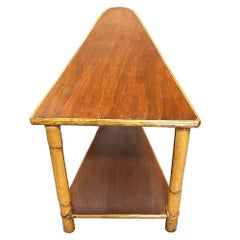 Restored Mid-century Rattan & Mahogany 2-Strand Wedge Side Table w/ Bottom Shelf