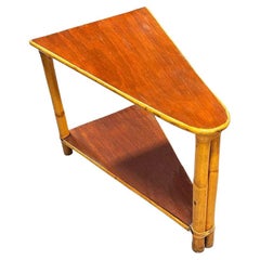 Restored Mid-century Rattan & Mahogany 2-Strand Wedge Side Table w/ Bottom Shelf