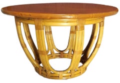 Restored Mid-century Rattan & Mahogany 3-Strand Round Drum Base Coffee Table