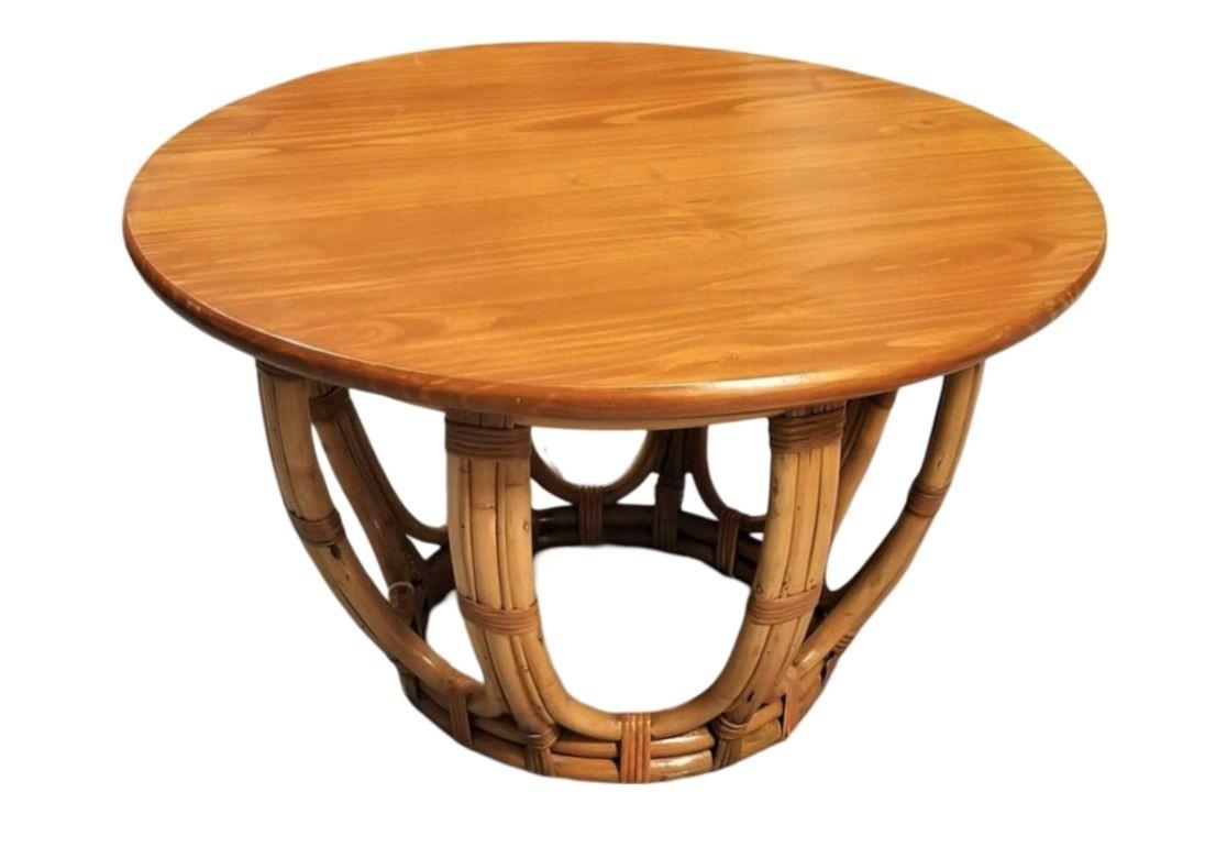 Mid-20th Century Restored Mid-century Rattan & Mahogany 3-Strand Round Drum Base Coffee Table For Sale