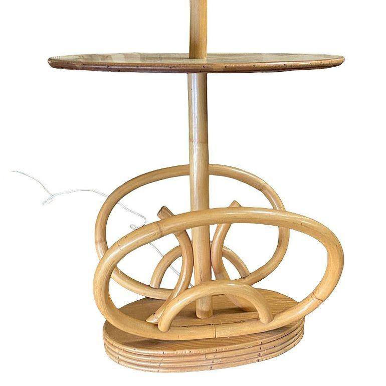 Restored Rare Mid Century Rattan Pole Floor Lamp & Drink Stand w Magazine Holder For Sale 1