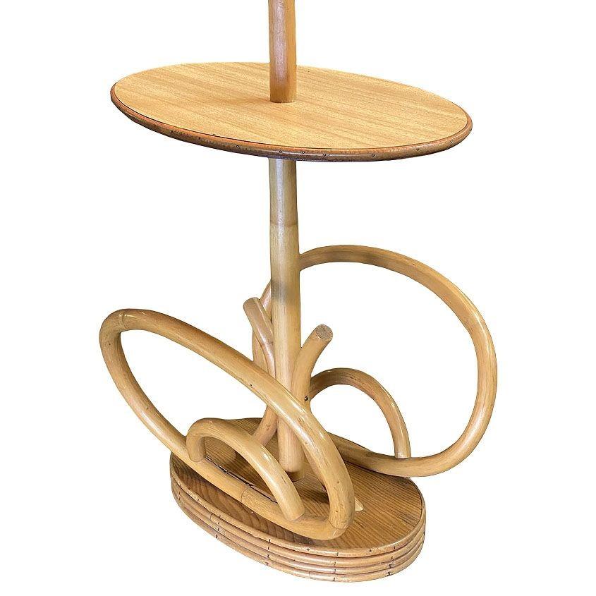 Restored Rare Mid Century Rattan Pole Floor Lamp & Drink Stand w Magazine Holder In Excellent Condition For Sale In Van Nuys, CA