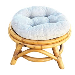 Restored Mid-century Rattan Round Ottoman w/ Tufted Cushion