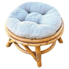 Restored Mid-century Rattan Round Ottoman w/ Tufted Cushion