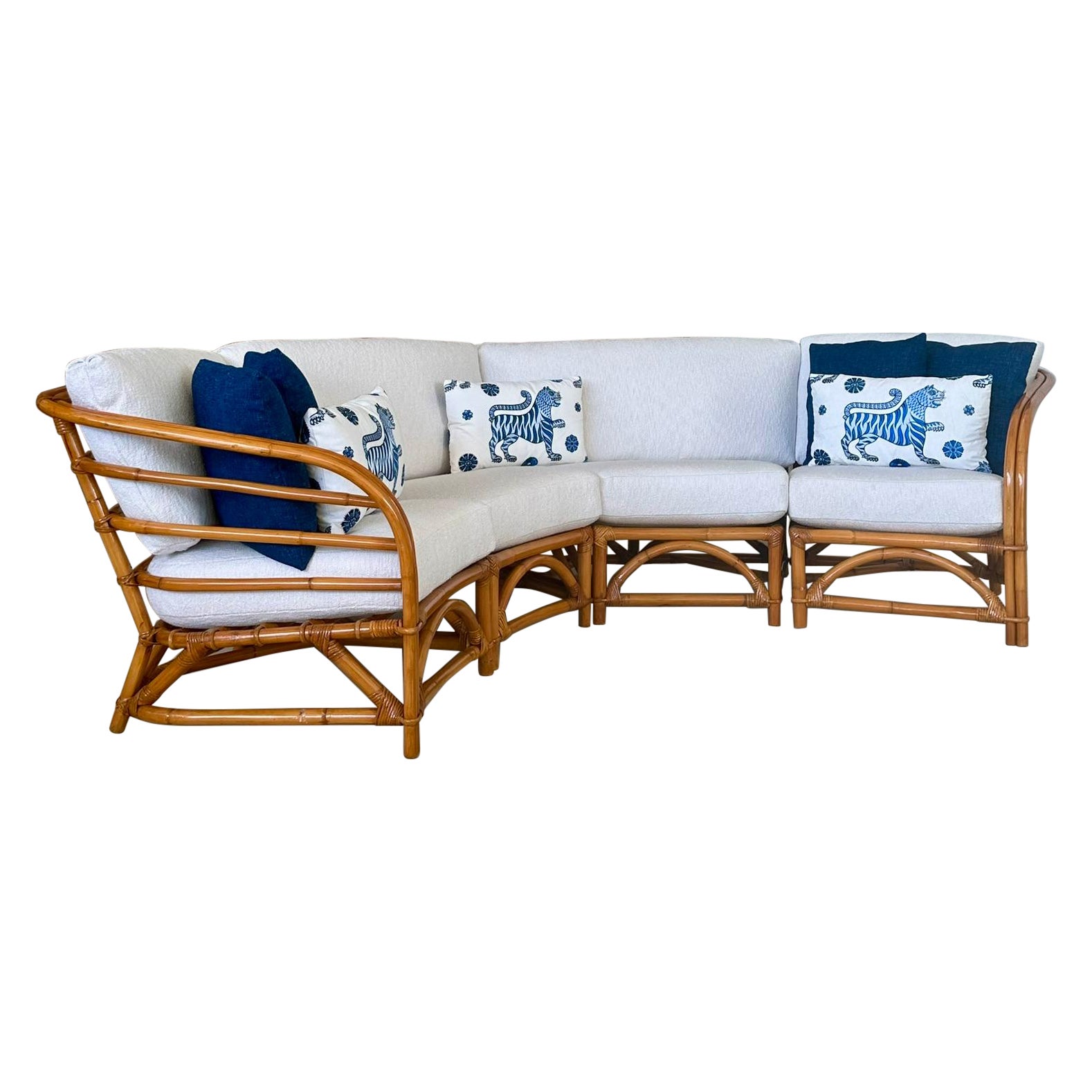 Restored Mid-Century Rattan Sectional Sofa with Custom Upholstery