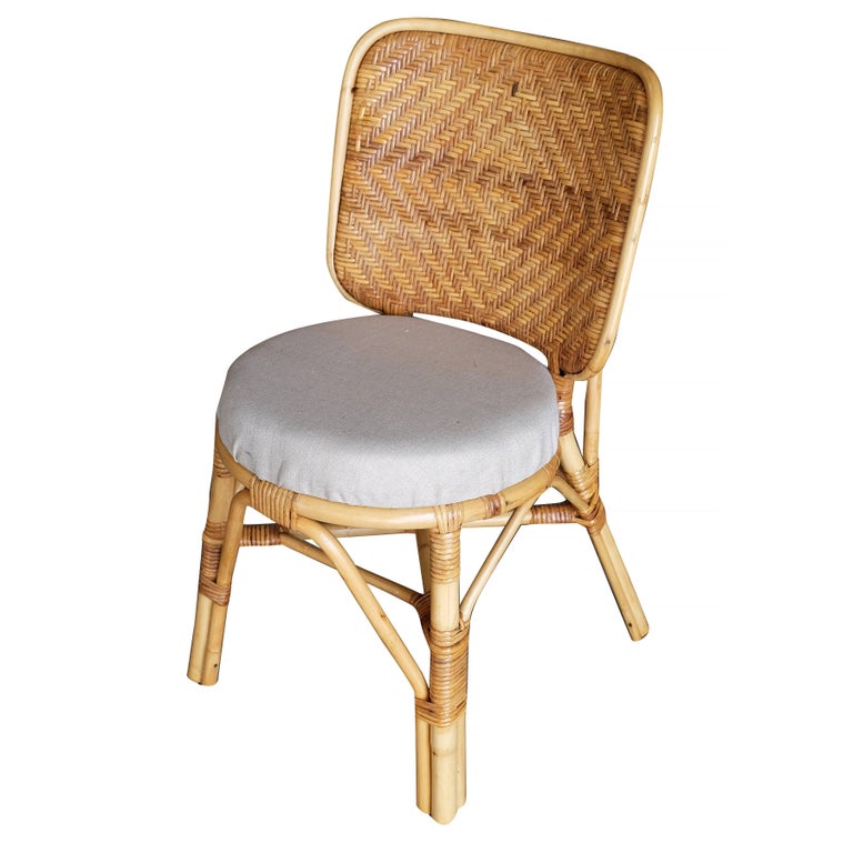 Restored Midcentury Rattan Side Chair with Large Wicker Fan Back, Pair