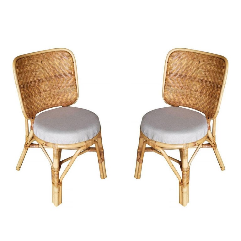 Restored Midcentury Rattan Side Chair with Large Wicker Fan Back, Pair