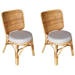 Restored Midcentury Rattan Side Chair with Large Wicker Fan Back, Pair