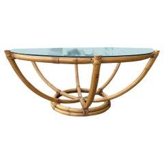 Restored Mid-century Rattan six strand Round Glass Top Spidal Coffee Table