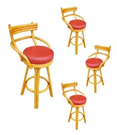 Restored Mid-century Rattan Stacked Bar Swivel Stools w/ Red Seat , Set of 4