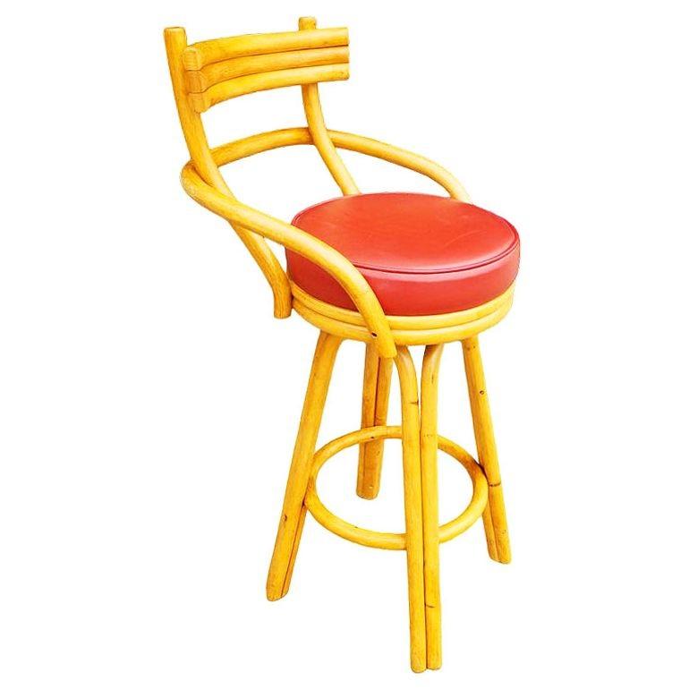 Mid-Century Modern Restored Mid-century Rattan Stacked Bar Swivel Stools w/ Red Seat , Set of 4 For Sale