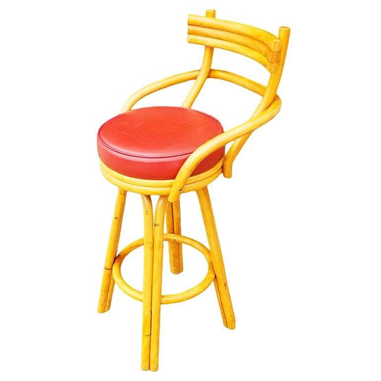 American Restored Mid-century Rattan Stacked Bar Swivel Stools w/ Red Seat , Set of 4 For Sale
