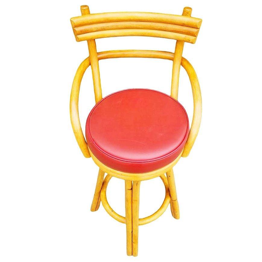 Restored Mid-century Rattan Stacked Bar Swivel Stools w/ Red Seat , Set of 4 In Excellent Condition For Sale In Van Nuys, CA