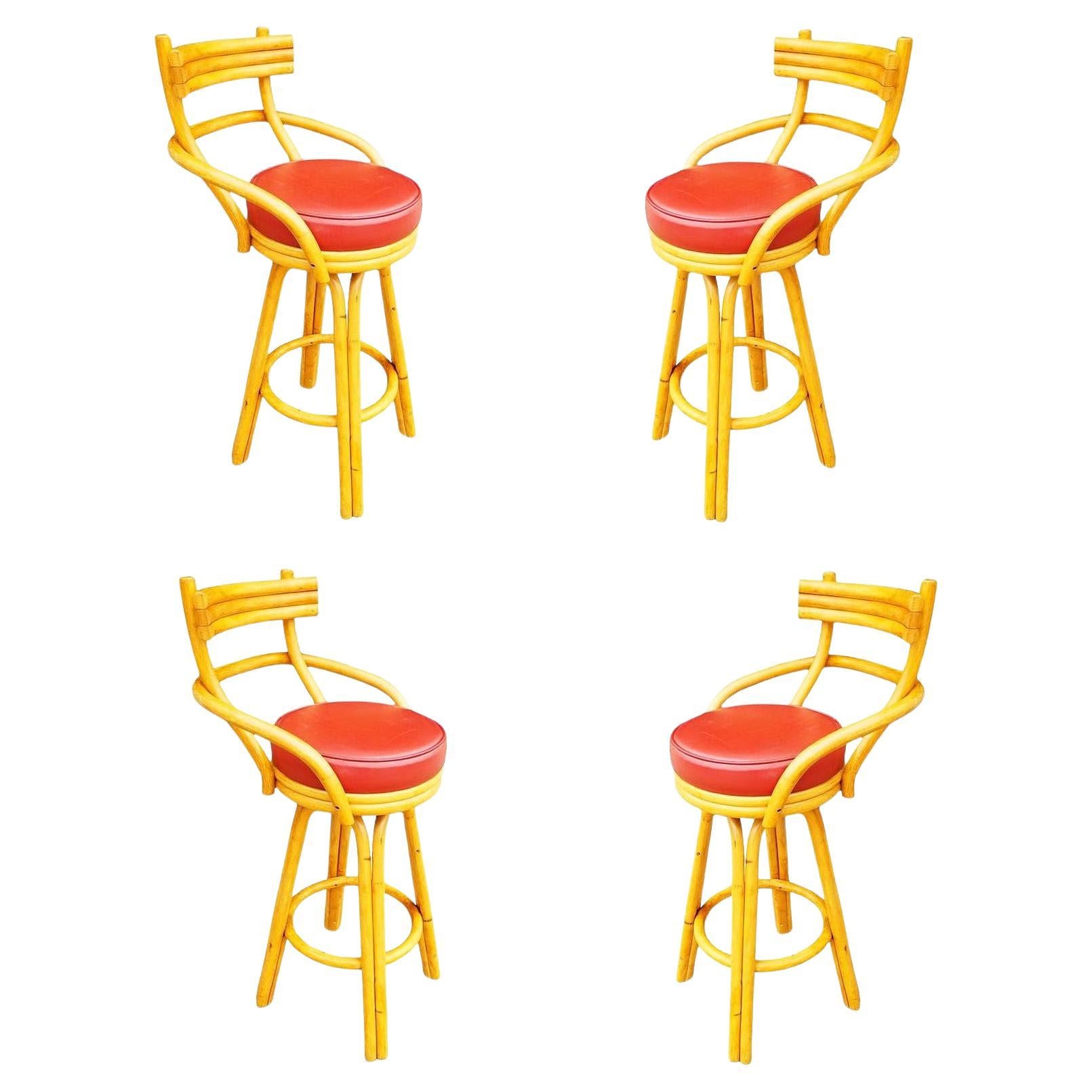 Restored Mid-century Rattan Stacked Bar Swivel Stools w/ Red Seat , Set of 4 For Sale