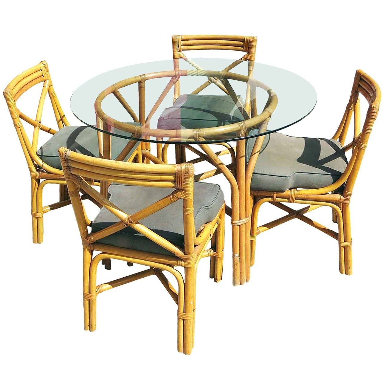 Restored Mid-century Rattan Table with Chairs Dining Set For Sale