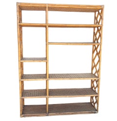 Restored Mid-century Rattan Ten-Tier Display Shelf Wall Etagere Unit w/ Cabinet