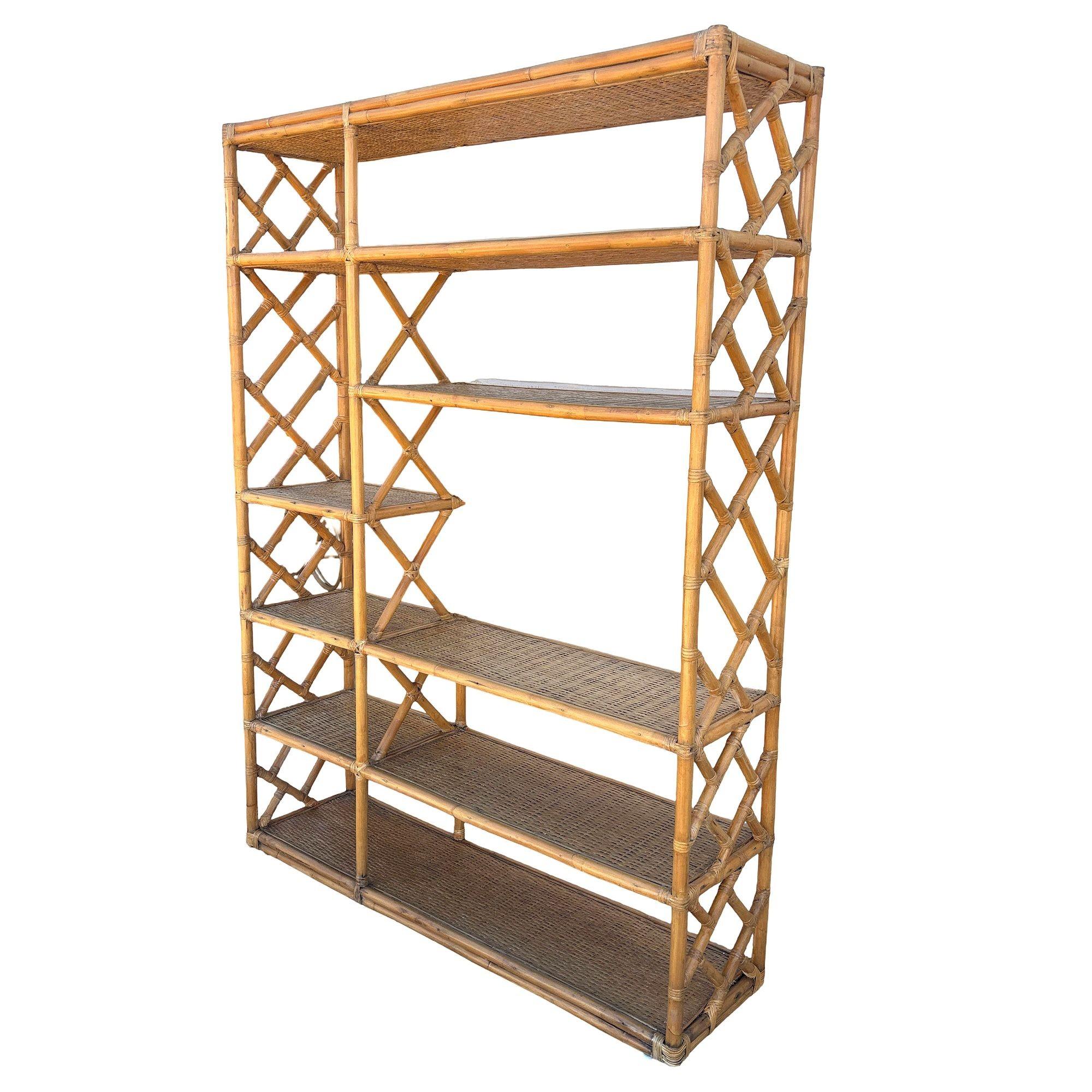 Mid-Century Modern Restored Mid-century Rattan Ten-Tier Display Shelf Wall Etagere Unit w/ Cabinet For Sale