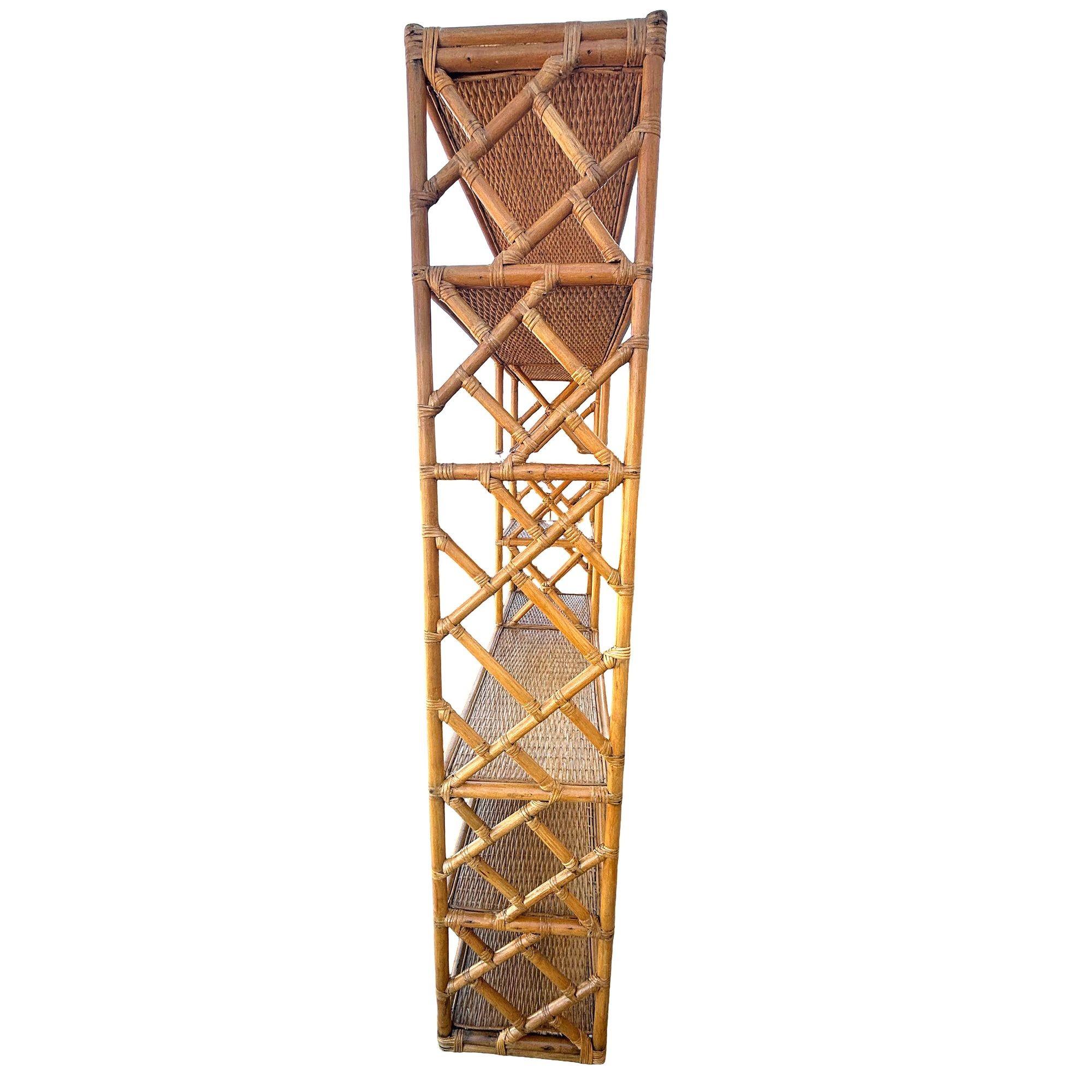 American Restored Mid-century Rattan Ten-Tier Display Shelf Wall Etagere Unit w/ Cabinet For Sale