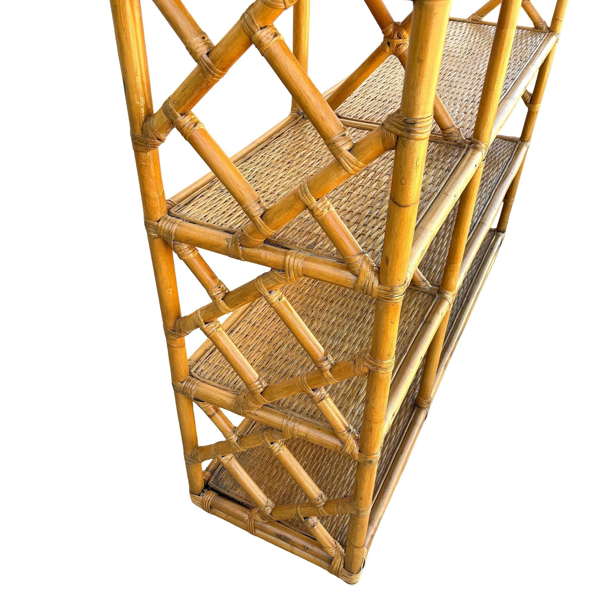 Restored Mid-century Rattan Ten-Tier Display Shelf Wall Etagere Unit w/ Cabinet In Excellent Condition For Sale In Van Nuys, CA
