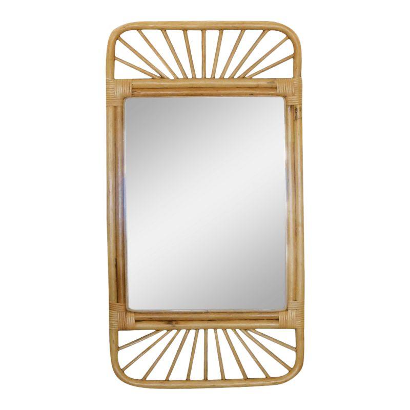 Vintage Mid-Century Rattan Tiki mirror with wicker wrappings. The mirror features a rectangle-shaped frame with a starburst decorative pattern along the top and bottom of the mirror with a rectangle-shaped mirror in the center. Restored to new for