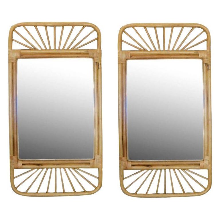 Restored Mid-Century Rattan Wall Mirror With Wicker Wrappings, Pair