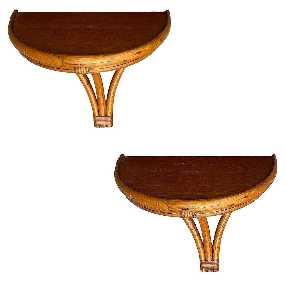 American Restored Mid-century Rattan Wall Pedestal Shelf W/ Mahogany Top, Pair